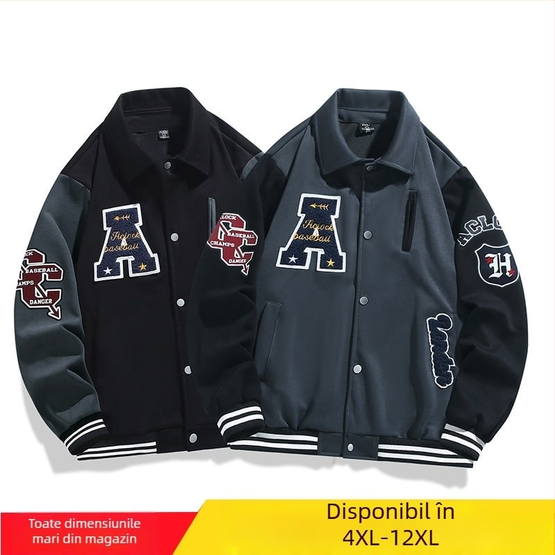 Geacă baseball brodată în stil american pentru bărbați, croială lejeră, rever, model cu litere, 70% viscose