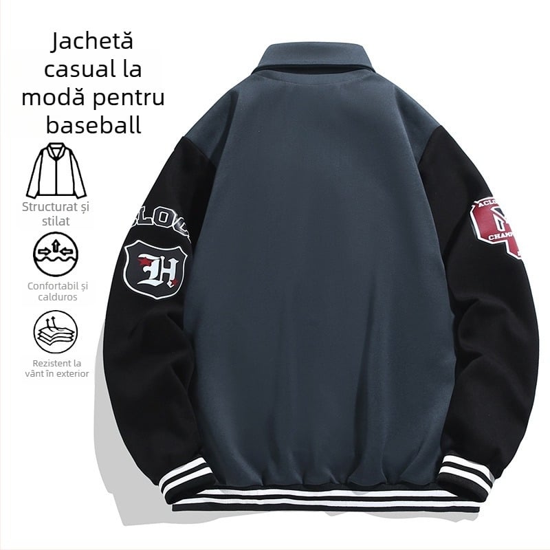 Geacă baseball brodată în stil american pentru bărbați, croială lejeră, rever, model cu litere, 70% viscose