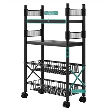 Raft de depozitare pe podea, 4 etaje, din oțel cu conținut de carbon, mobil, fără montaj, stil modern minimalist; potrivit pentru bucătărie, baie, dormitor și sufragerie.