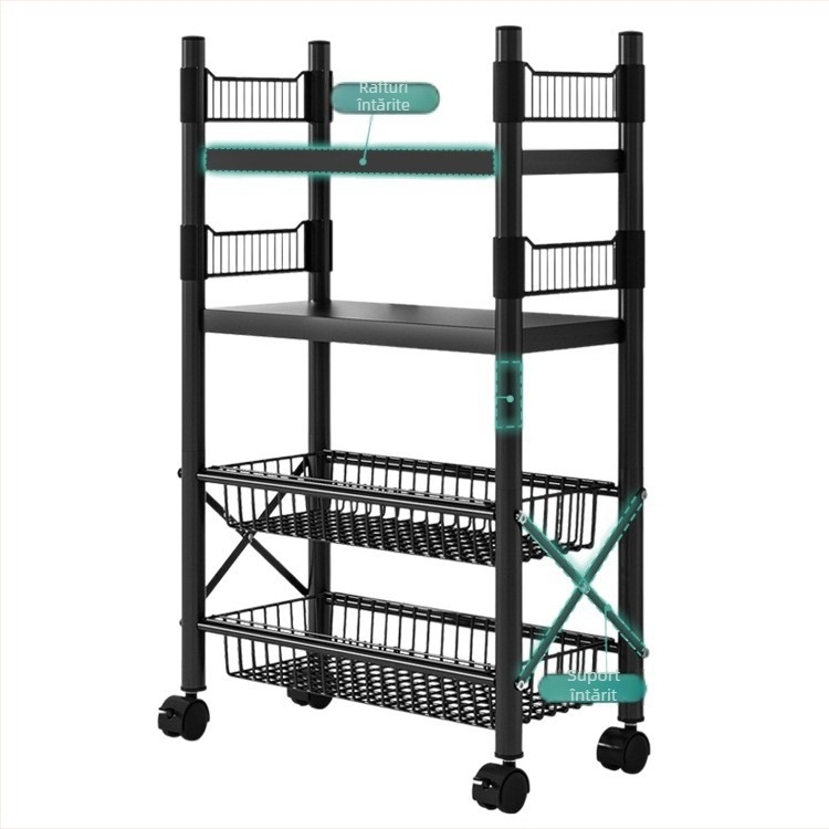 Raft de depozitare pe podea, 4 etaje, din oțel cu conținut de carbon, mobil, fără montaj, stil modern minimalist; potrivit pentru bucătărie, baie, dormitor și sufragerie.