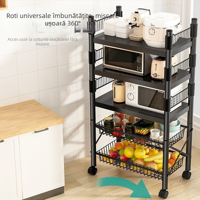 Raft de depozitare pe podea, 4 etaje, din oțel cu conținut de carbon, mobil, fără montaj, stil modern minimalist; potrivit pentru bucătărie, baie, dormitor și sufragerie.