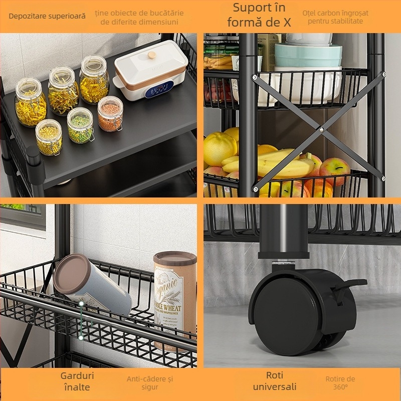 Raft de depozitare pe podea, 4 etaje, din oțel cu conținut de carbon, mobil, fără montaj, stil modern minimalist; potrivit pentru bucătărie, baie, dormitor și sufragerie.