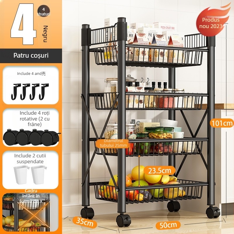 Raft de depozitare pe podea, 4 etaje, din oțel cu conținut de carbon, mobil, fără montaj, stil modern minimalist; potrivit pentru bucătărie, baie, dormitor și sufragerie.