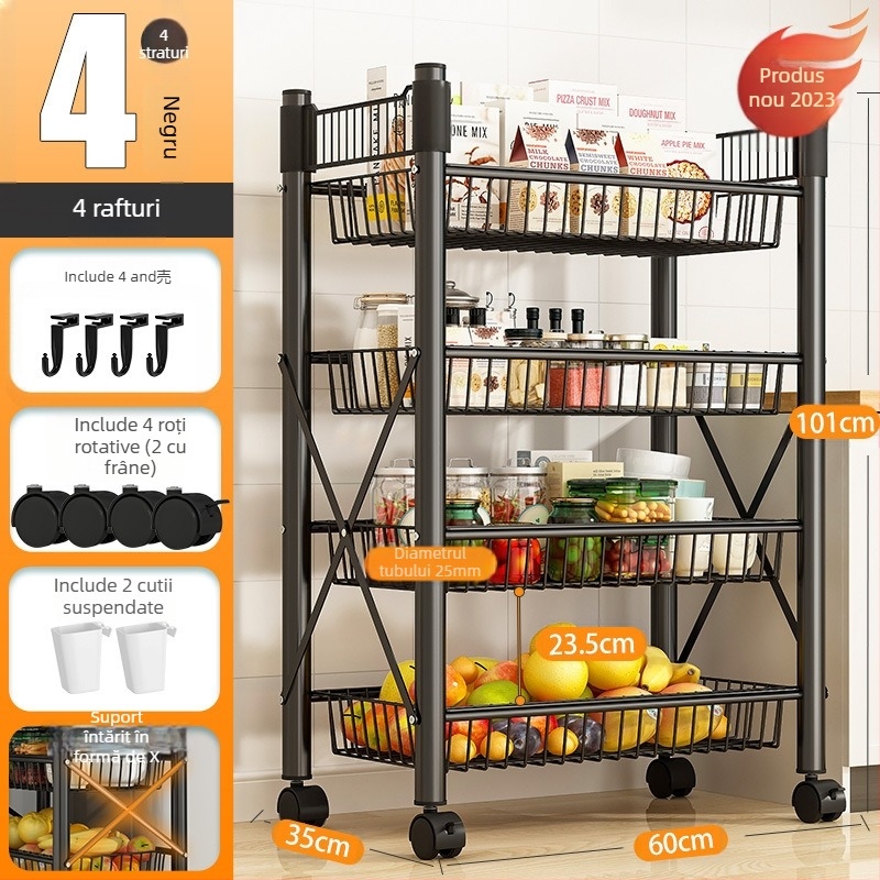 Raft de depozitare pe podea, 4 etaje, din oțel cu conținut de carbon, mobil, fără montaj, stil modern minimalist; potrivit pentru bucătărie, baie, dormitor și sufragerie.