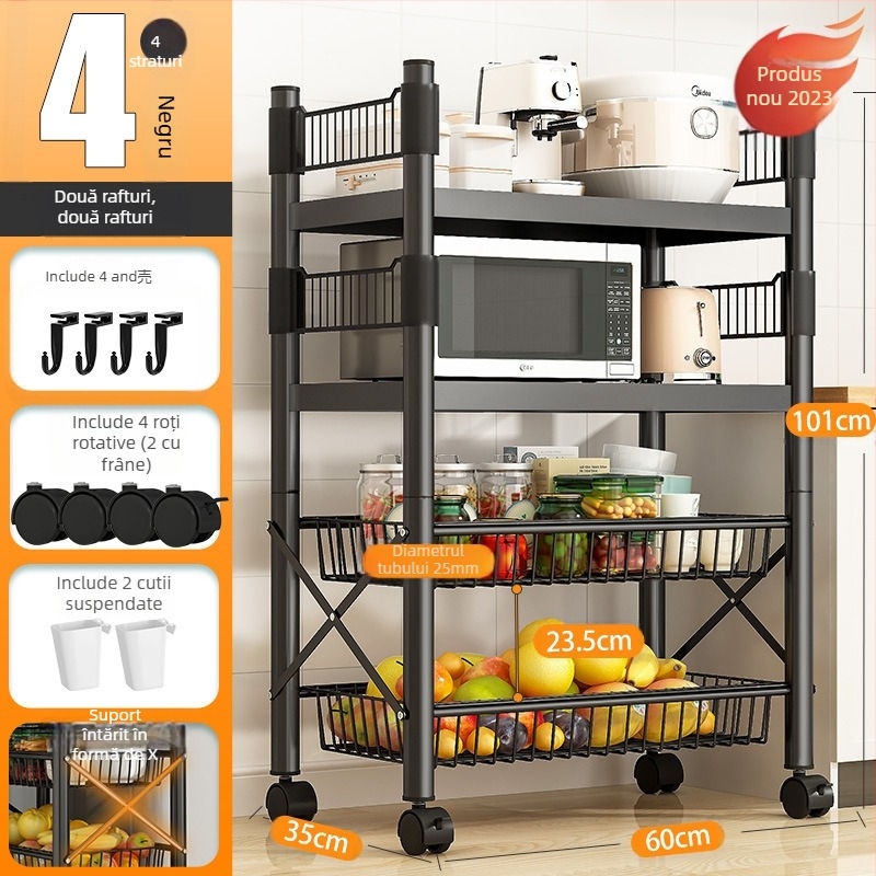 Raft de depozitare pe podea, 4 etaje, din oțel cu conținut de carbon, mobil, fără montaj, stil modern minimalist; potrivit pentru bucătărie, baie, dormitor și sufragerie.