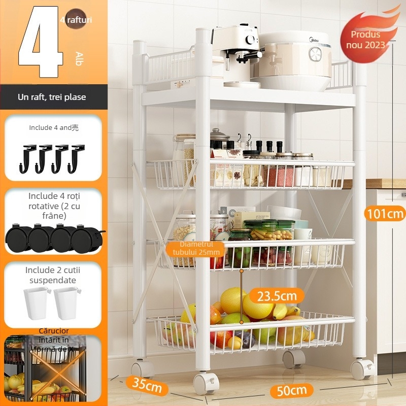 Raft de depozitare pe podea, 4 etaje, din oțel cu conținut de carbon, mobil, fără montaj, stil modern minimalist; potrivit pentru bucătărie, baie, dormitor și sufragerie.