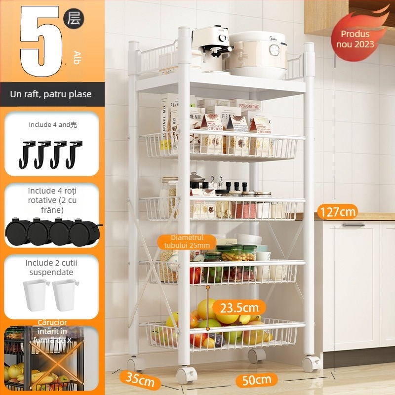 Raft de depozitare pe podea, 4 etaje, din oțel cu conținut de carbon, mobil, fără montaj, stil modern minimalist; potrivit pentru bucătărie, baie, dormitor și sufragerie.