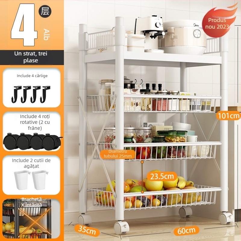 Raft de depozitare pe podea, 4 etaje, din oțel cu conținut de carbon, mobil, fără montaj, stil modern minimalist; potrivit pentru bucătărie, baie, dormitor și sufragerie.