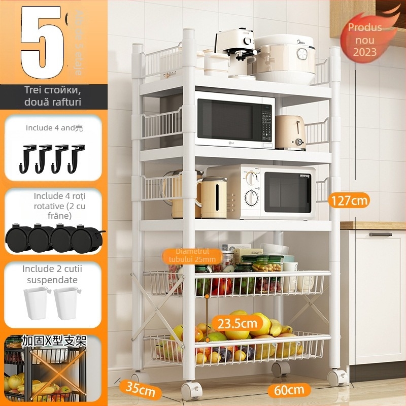 Raft de depozitare pe podea, 4 etaje, din oțel cu conținut de carbon, mobil, fără montaj, stil modern minimalist; potrivit pentru bucătărie, baie, dormitor și sufragerie.