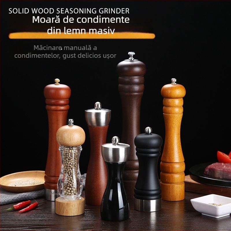 Măcinător manual din lemn pentru piper pudră și sare de mare | recipient pentru condimente, compatibil cu condimente solide, design modern minimalist