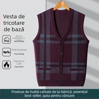 Vesta cardigan tricotat pentru bărbați cu guler în V, fără mânece, jacquard, lână 30–35%, gros