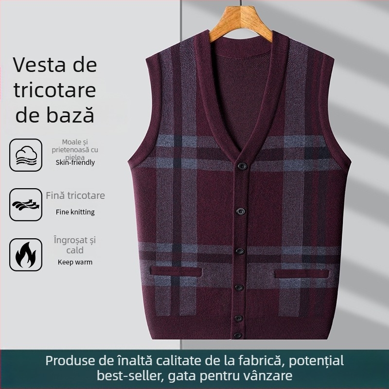 Vesta cardigan tricotat pentru bărbați cu guler în V, fără mânece, jacquard, lână 30–35%, gros