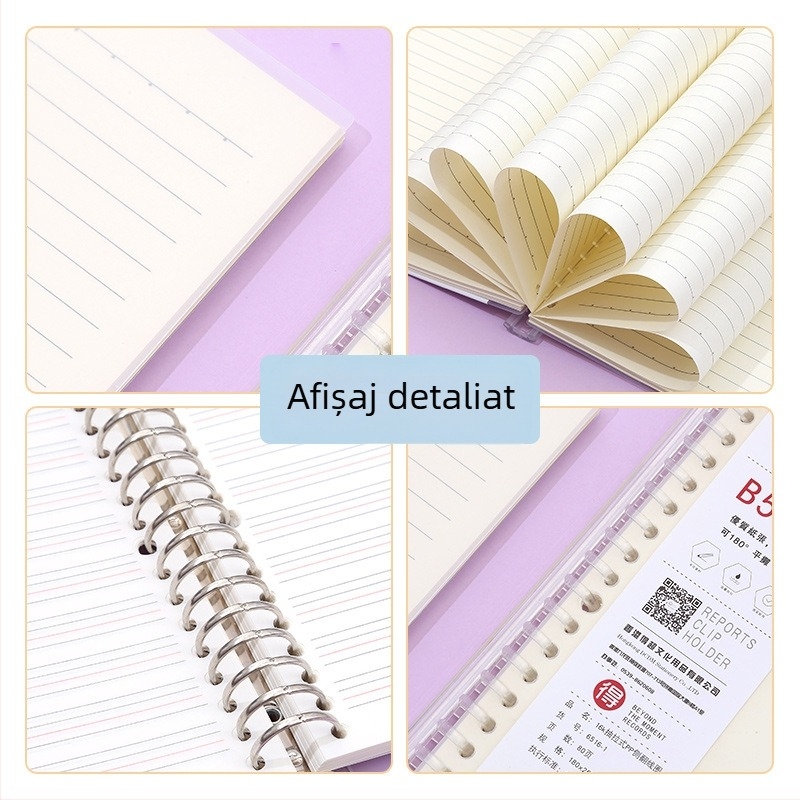 Caiet cu foi detașabile și pagini interioare înlocuibile, cu grilă, 80 de foi, găuri rotunde, foi din pulpă de lemn și polipropilenă