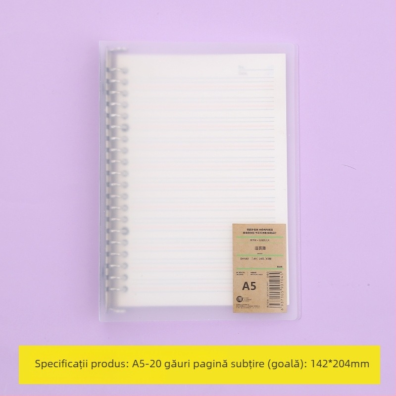 Caiet cu foi detașabile și pagini interioare înlocuibile, cu grilă, 80 de foi, găuri rotunde, foi din pulpă de lemn și polipropilenă