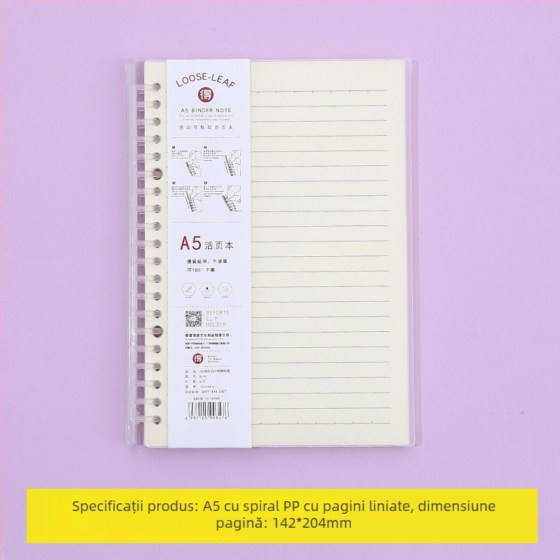 Caiet cu foi detașabile și pagini interioare înlocuibile, cu grilă, 80 de foi, găuri rotunde, foi din pulpă de lemn și polipropilenă