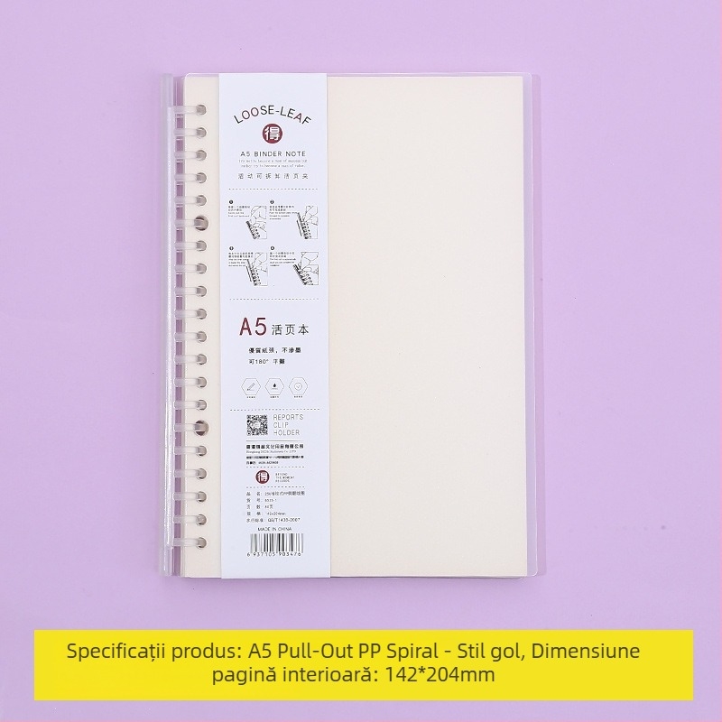 Caiet cu foi detașabile și pagini interioare înlocuibile, cu grilă, 80 de foi, găuri rotunde, foi din pulpă de lemn și polipropilenă