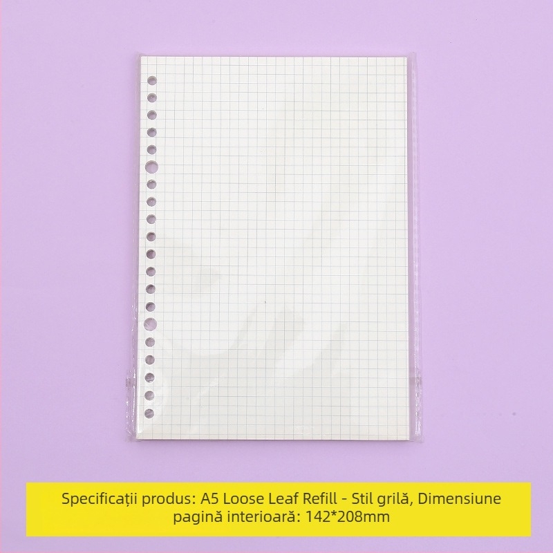Caiet cu foi detașabile și pagini interioare înlocuibile, cu grilă, 80 de foi, găuri rotunde, foi din pulpă de lemn și polipropilenă