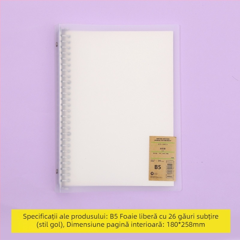 Caiet cu foi detașabile și pagini interioare înlocuibile, cu grilă, 80 de foi, găuri rotunde, foi din pulpă de lemn și polipropilenă