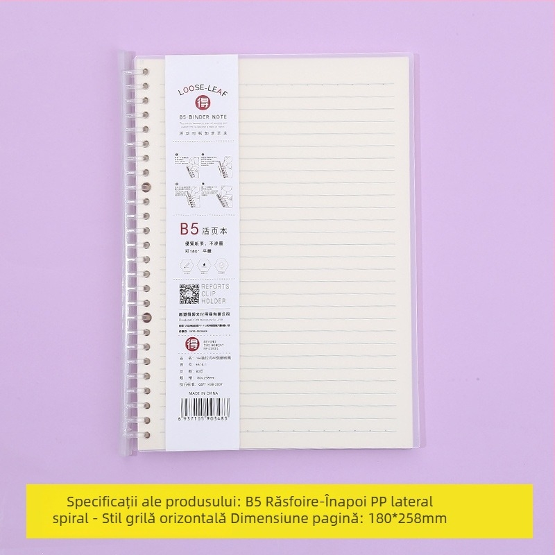 Caiet cu foi detașabile și pagini interioare înlocuibile, cu grilă, 80 de foi, găuri rotunde, foi din pulpă de lemn și polipropilenă