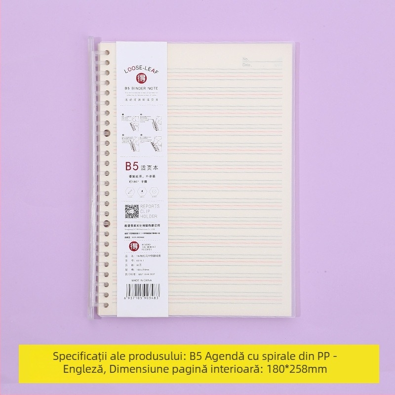 Caiet cu foi detașabile și pagini interioare înlocuibile, cu grilă, 80 de foi, găuri rotunde, foi din pulpă de lemn și polipropilenă