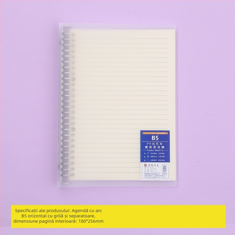 Caiet cu foi detașabile și pagini interioare înlocuibile, cu grilă, 80 de foi, găuri rotunde, foi din pulpă de lemn și polipropilenă