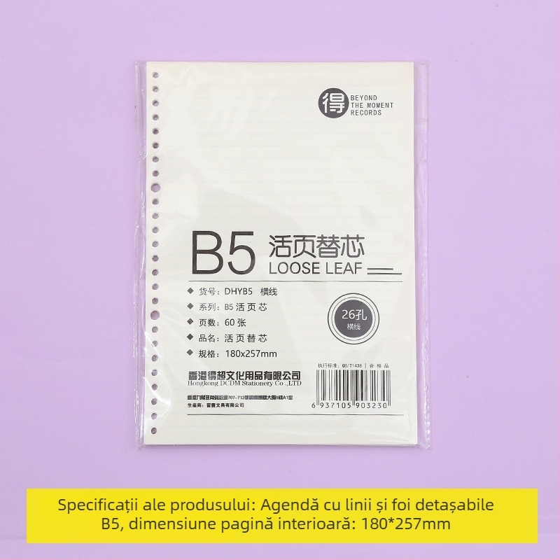 Caiet cu foi detașabile și pagini interioare înlocuibile, cu grilă, 80 de foi, găuri rotunde, foi din pulpă de lemn și polipropilenă