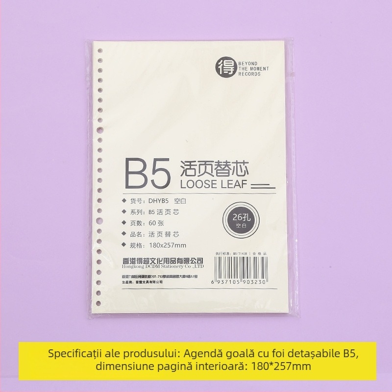 Caiet cu foi detașabile și pagini interioare înlocuibile, cu grilă, 80 de foi, găuri rotunde, foi din pulpă de lemn și polipropilenă