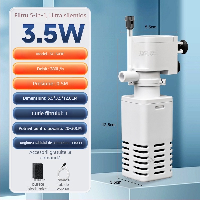 Pompă submersibilă de filtru pentru acvariu cu filtrare încorporată și oxigenare, sistem de circulație 3-in-1, plastic, 200 g, Water Pet Family