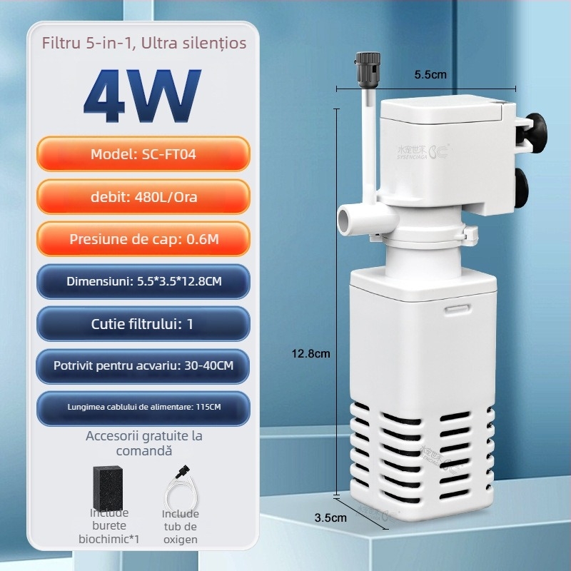 Pompă submersibilă de filtru pentru acvariu cu filtrare încorporată și oxigenare, sistem de circulație 3-in-1, plastic, 200 g, Water Pet Family