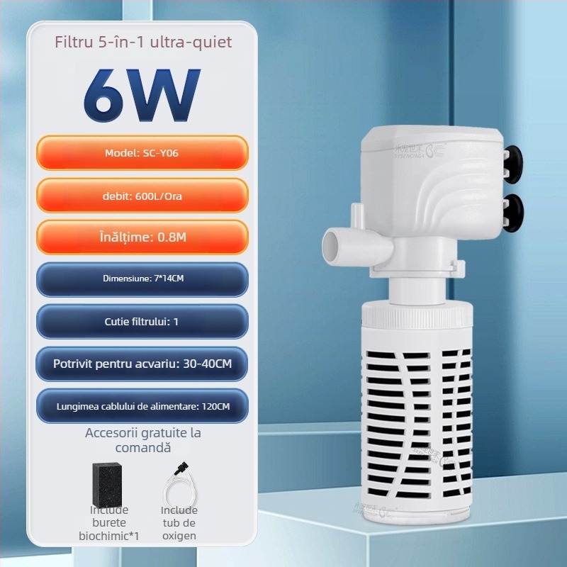 Pompă submersibilă de filtru pentru acvariu cu filtrare încorporată și oxigenare, sistem de circulație 3-in-1, plastic, 200 g, Water Pet Family