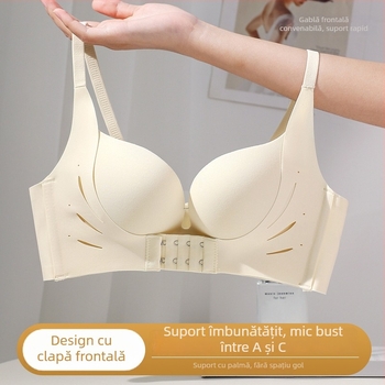Bustier fără cusături cu închidere frontală, pentru sân mici, fără sârmă, cu cupuri 3/4, cupuri modelate (partea superioară subțire, cea inferioară mai groasă), din nylon