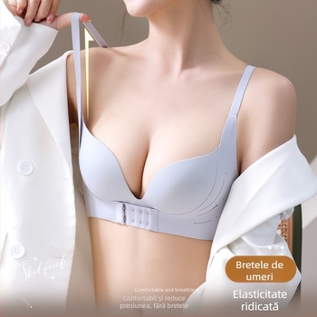 Bustier fără cusături cu închidere frontală, pentru sân mici, fără sârmă, cu cupuri 3/4, cupuri modelate (partea superioară subțire, cea inferioară mai groasă), din nylon