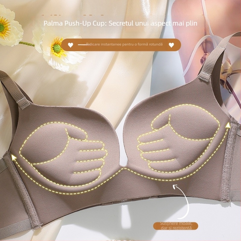 Bustier fără cusături cu închidere frontală, pentru sân mici, fără sârmă, cu cupuri 3/4, cupuri modelate (partea superioară subțire, cea inferioară mai groasă), din nylon