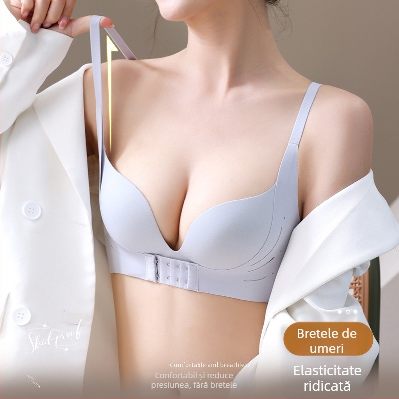 Bustier fără cusături cu închidere frontală, pentru sân mici, fără sârmă, cu cupuri 3/4, cupuri modelate (partea superioară subțire, cea inferioară mai groasă), din nylon