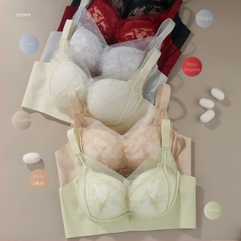 Sutien Push-Up din dantelă din mătase de mulberry, țesătură nylon, căptușeală din mătase de mulberry, cupe 3/4, bretele fixe duble, închidere pe spate cu patru rânduri