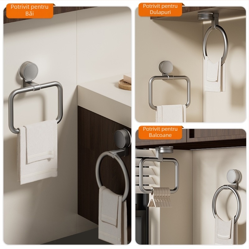 Inel de prosoape cu ventuză, montat pe perete – fără găuri, rotund sau pătrățos, din aluminiu spațial pentru baie