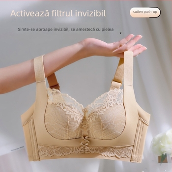 Sutien din dantelă din nailon, fără arc, cu cupă 3/4, cupă turnată cu partea superioară subțire și partea inferioară mai groasă, bretele fixe dublu, închidere din spate cu patru rânduri de cârlige