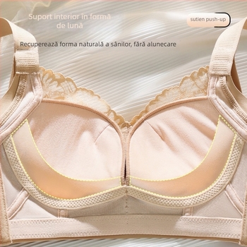 Sutien din dantelă din nailon, fără arc, cu cupă 3/4, cupă turnată cu partea superioară subțire și partea inferioară mai groasă, bretele fixe dublu, închidere din spate cu patru rânduri de cârlige