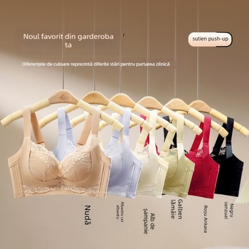 Sutien din dantelă din nailon, fără arc, cu cupă 3/4, cupă turnată cu partea superioară subțire și partea inferioară mai groasă, bretele fixe dublu, închidere din spate cu patru rânduri de cârlige