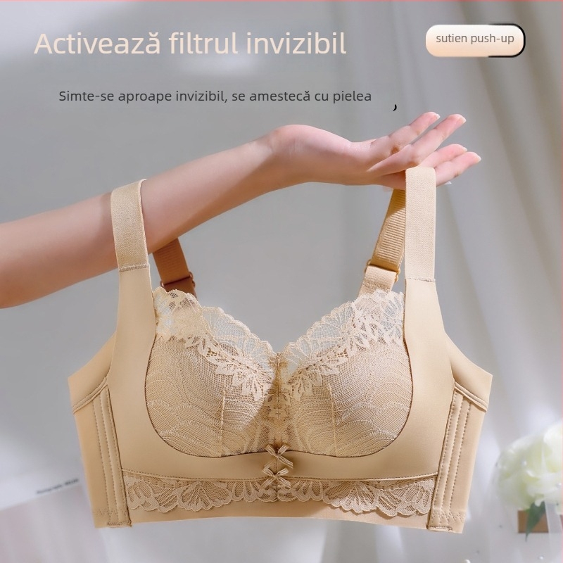 Sutien din dantelă din nailon, fără arc, cu cupă 3/4, cupă turnată cu partea superioară subțire și partea inferioară mai groasă, bretele fixe dublu, închidere din spate cu patru rânduri de cârlige