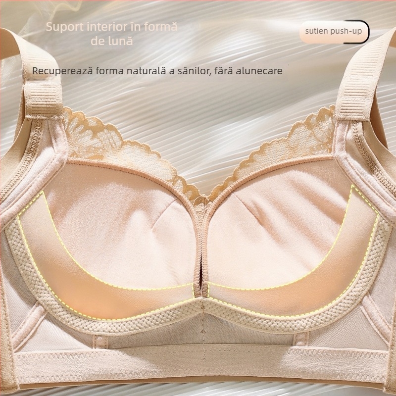Sutien din dantelă din nailon, fără arc, cu cupă 3/4, cupă turnată cu partea superioară subțire și partea inferioară mai groasă, bretele fixe dublu, închidere din spate cu patru rânduri de cârlige