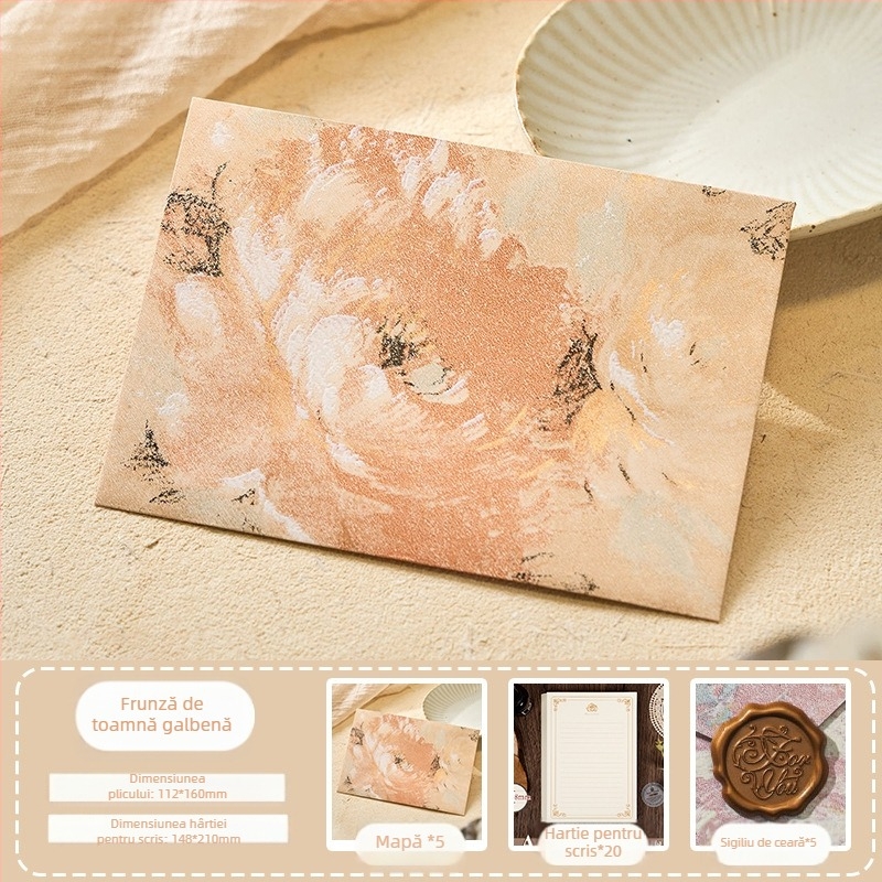 Set plicuri din seria Flower Letters, hârtie specială, relief auriu, model Plic între flori, stil retro, set cadou