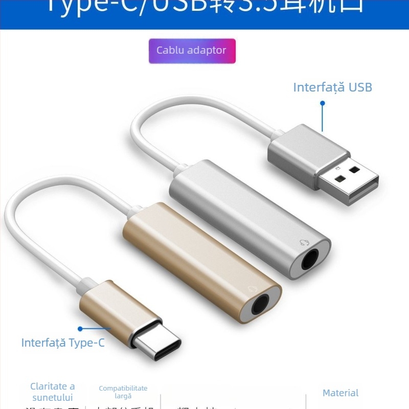 Adaptor Type-C USB către 3,5 mm audio digital, carcasă din aliaj de aluminiu, pentru telefoane și calculatoare (Model HFR023)