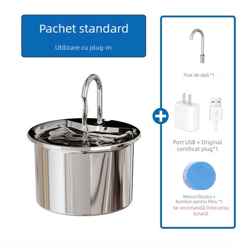 Fântână de apă pentru animale de companie din oțel inoxidabil — ciclu automat, funcționare silențioasă, design detașabil, model FT444, cod articol 2505KFZB3688, potrivit pentru pisici și câini