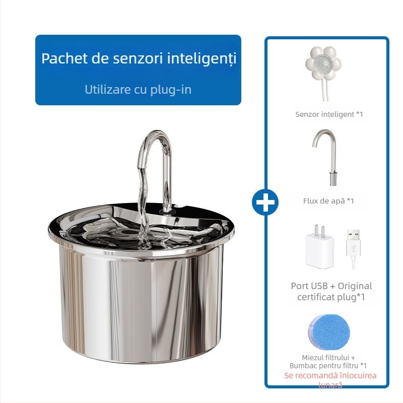 Fântână de apă pentru animale de companie din oțel inoxidabil — ciclu automat, funcționare silențioasă, design detașabil, model FT444, cod articol 2505KFZB3688, potrivit pentru pisici și câini