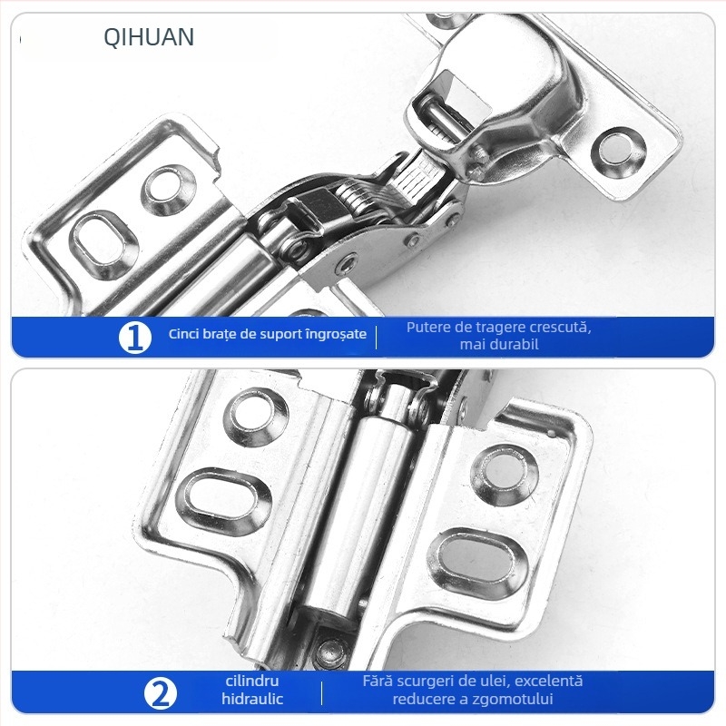 Balama pentru ușă de dulap cu amortizor hidraulic pentru deschidere silențioasă, corp din oțel laminat la rece, finisaj nichelat, pentru uși din lemn