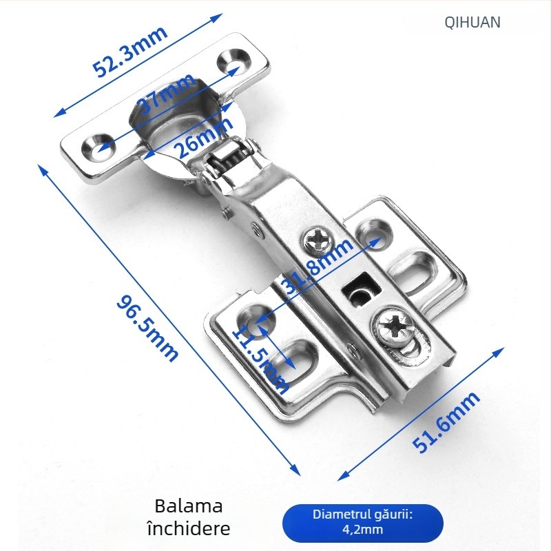 Balama pentru ușă de dulap cu amortizor hidraulic pentru deschidere silențioasă, corp din oțel laminat la rece, finisaj nichelat, pentru uși din lemn