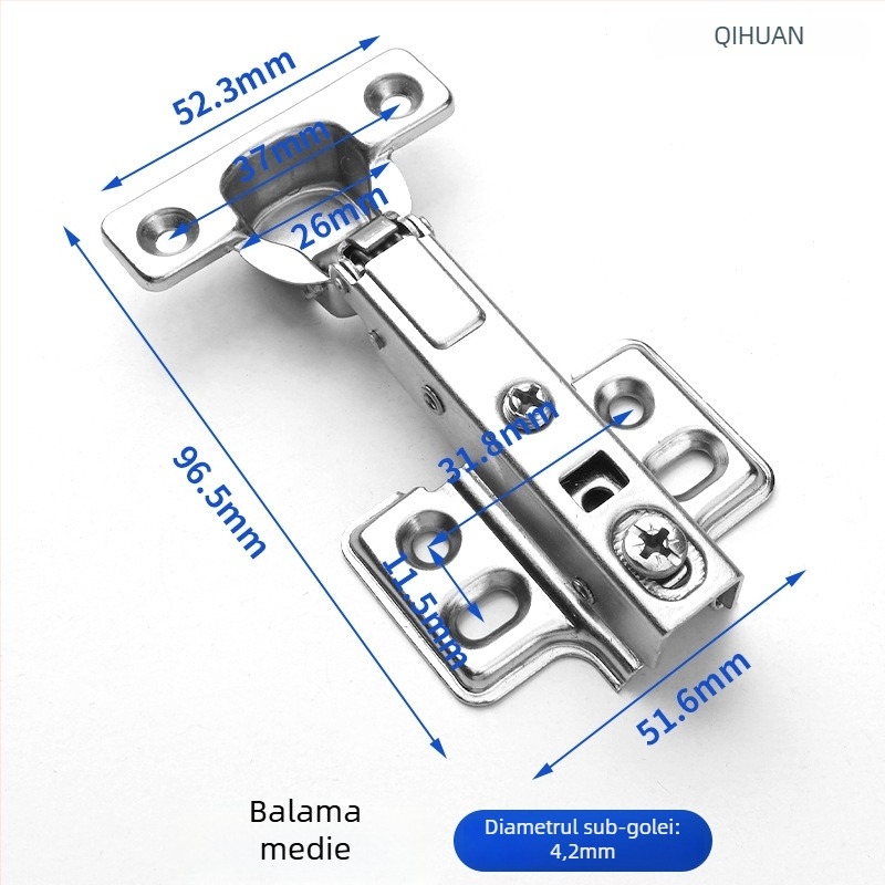 Balama pentru ușă de dulap cu amortizor hidraulic pentru deschidere silențioasă, corp din oțel laminat la rece, finisaj nichelat, pentru uși din lemn