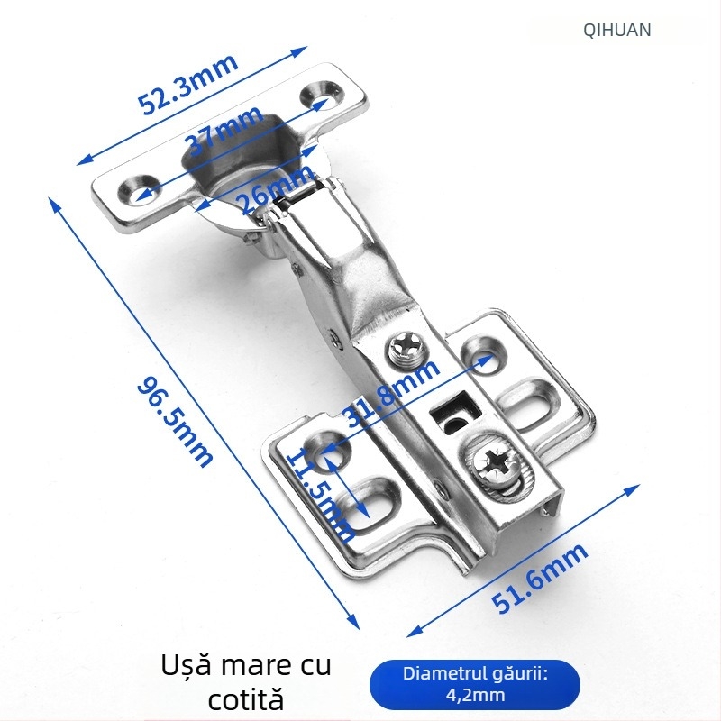 Balama pentru ușă de dulap cu amortizor hidraulic pentru deschidere silențioasă, corp din oțel laminat la rece, finisaj nichelat, pentru uși din lemn
