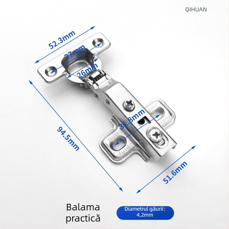 Balama pentru ușă de dulap cu amortizor hidraulic pentru deschidere silențioasă, corp din oțel laminat la rece, finisaj nichelat, pentru uși din lemn